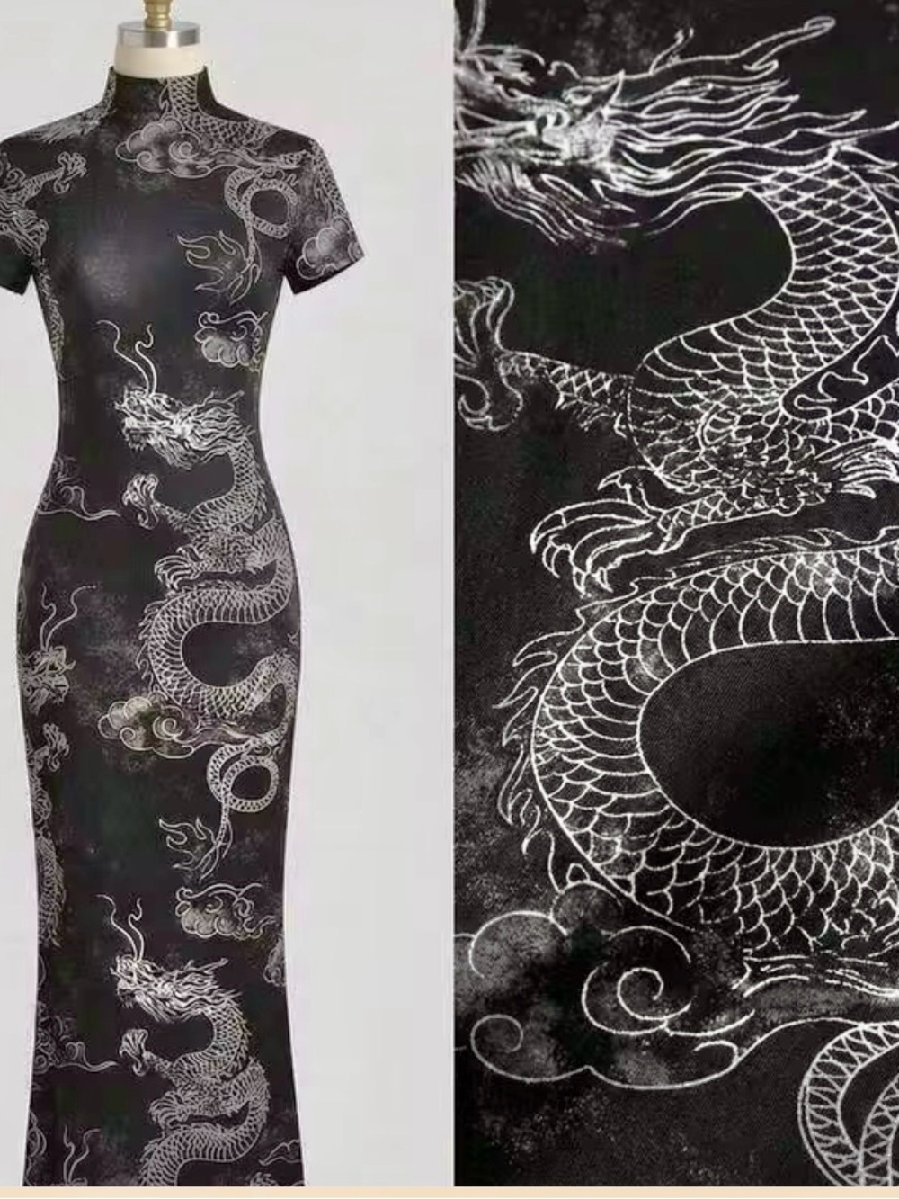 Black Dragon-Print Cheongsam Dress - Elegant Evening